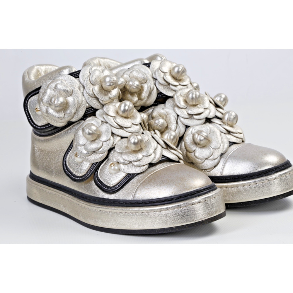 Chanel Metallic Gold Leather Camellia Flower Pearl High Top Sneakers Size 34.5